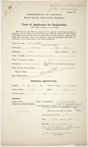 Application for Registration - Commonwealth of Australia, Issued to Sam Ah Choc