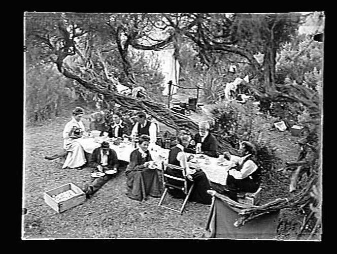 [Lunchtime at camp, Phillip Island, about 1898. The naturalists have been collecting penguin eggs.]