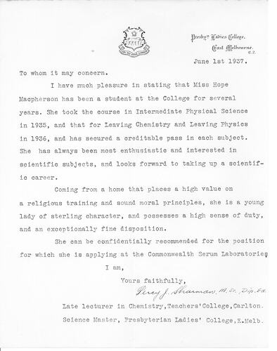 Letter - From Presbyterian Ladies College, East Melbourne, To whom it may concern, 1 Jun, 1937