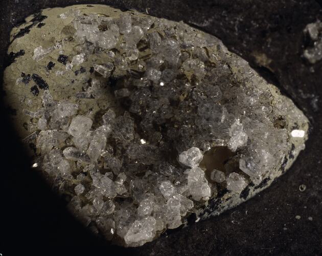 Blocky clear crystals on a beige rock surface.