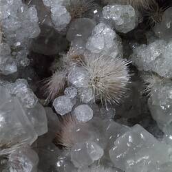 Clear blocky crystals with sprays of needle-like crystals.