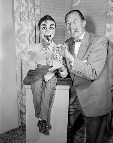 Ventriloquist Ron Blaskett with Gerry Gee Doll, Melbourne, Victoria, 1957