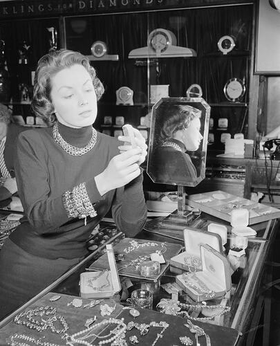 Bambi Shmith Modelling Jewellery at Dunklings, Melbourne, Victoria, 1957