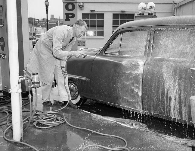 Negative - Man Washing Car, Victoria, May 1954