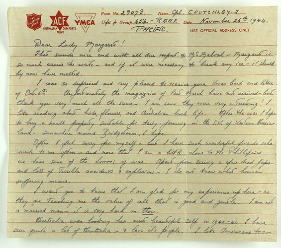 Letter - John Crutchley, to Margaret Malval, Thank You & Life in Australia, 26 Nov 1944
