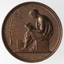 Round medal with youth seated on plinth reading a book. Palm branch at left, star above his head.