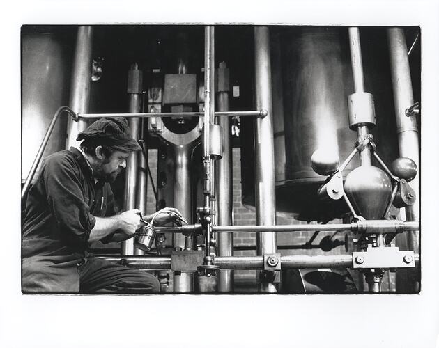 Photograph - Spotswood Pumping Station, Man with Pipes, Spotswood, Victoria, circa 1991