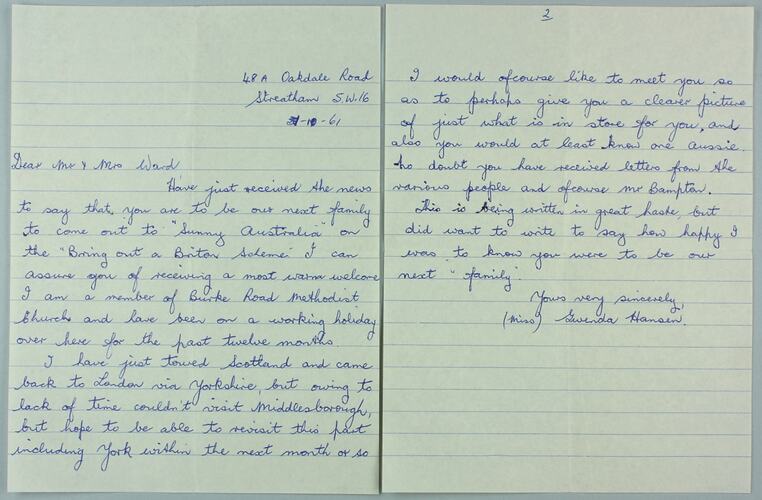 Letter - To Mr & Mrs Ward from Gwenda Hansen, 1 Oct 1961, Streatham, London.