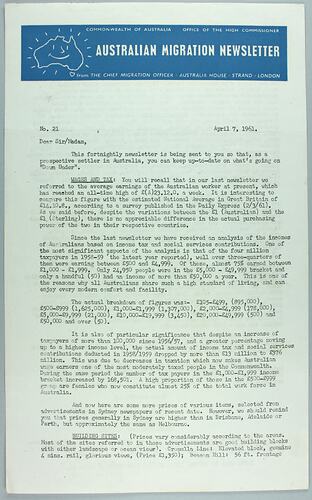 Newsletter - 'Australian Migration Newsletter', 7 Apr 1961