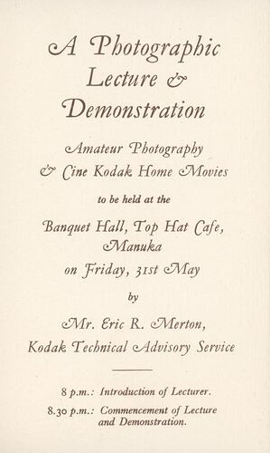Invitation - Kodak, 'A Photographic Lecture & Demonstration', by Eric R. Merton, 1950s - 1960s