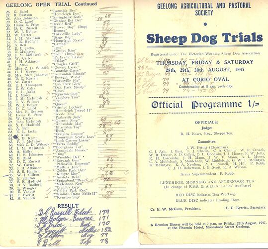 Program - Geelong Agricultural & Pastoral Society, 'Sheep Dog Trials', 1947