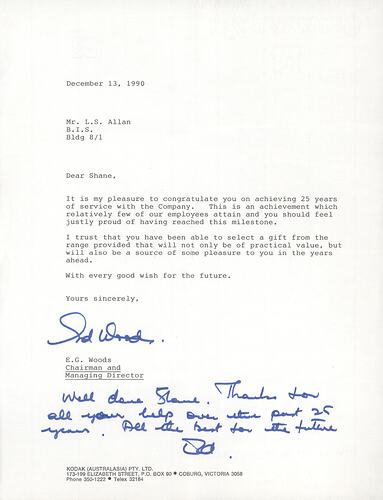 Letter - Kodak Australasia Pty Ltd, Ed Woods to Shane Allan, Congratulations for 25 Year Service, 13 Dec 1990