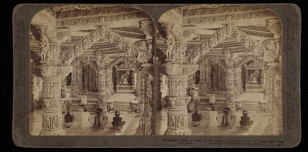 Stereograph - 'Worshippers Before an Image in the Exquisitely Carved Temple of Vimala Sah', India, 1902