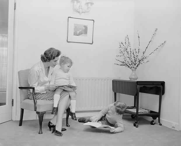 Woman and Two Children, Domestic Interior, Victoria, 20 Aug 1959