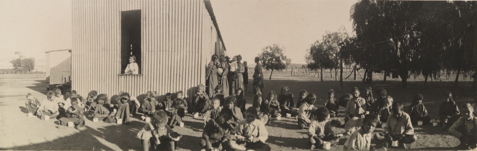 Panorama of a group of children, The Bungalow mission, Alice Springs, Northern Territory, 1923.