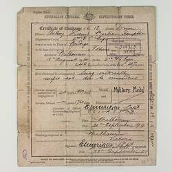 Certificate of Discharge - Medically Unfit, Aubrey Lionel Bertram Hampton, 30 Sep 1919