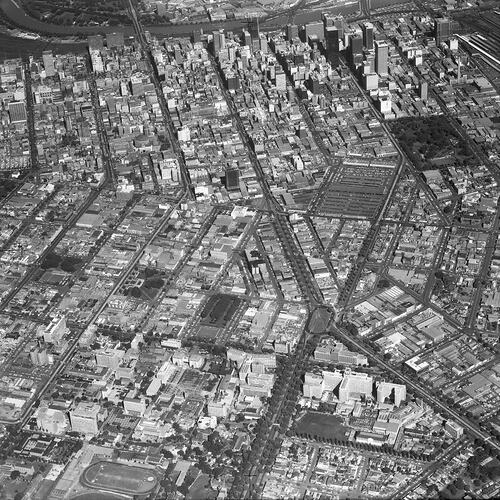 Monochrome aerial photograph of Melbourne.