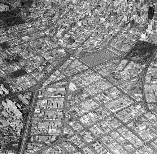 Monochrome aerial photograph of Melbourne.