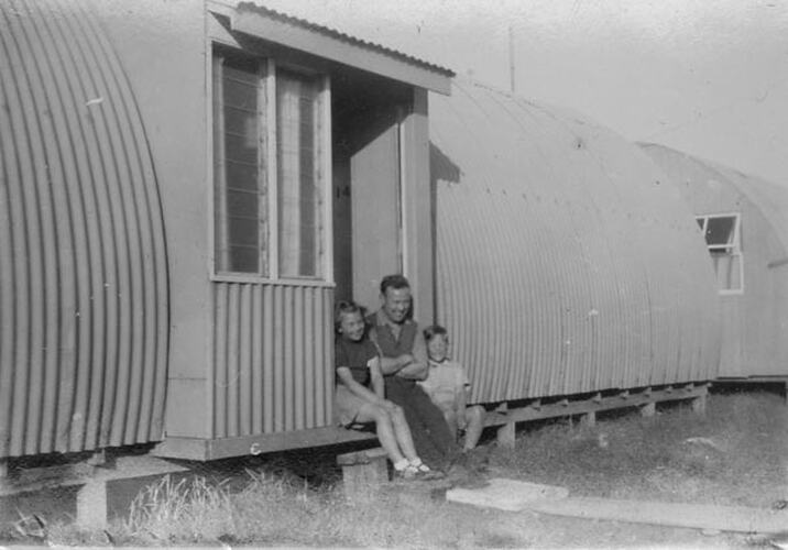 Negative - George, June & Brian Foster on the Steps of their Nissen Hut, Preston Hostel, Melbourne, Jun 1955-Jan 1956