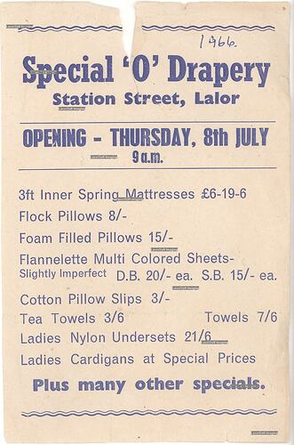 Leaflet - 'Special 'O' Drapery Opening', Lalor, John & Barbara Woods, 8 Jul 1966