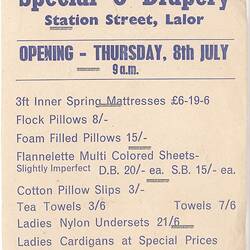 Leaflet - 'Special 'O' Drapery Opening', Lalor, John & Barbara Woods, 8 Jul 1966