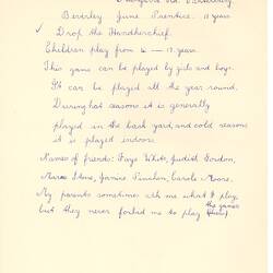 Document - Beverley Prentice, Addressed to Dorothy Howard, Description of Circle Game 'Drop the Handkerchief', 1954-1955