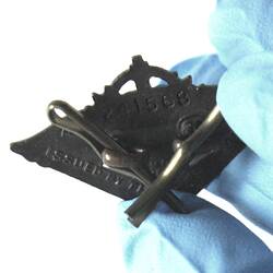 Back detail of triangular cast badge.