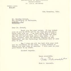 Letter - Fred Schonell, to Dorothy Howard, Apology & Best Wishes, 12 Nov 1954
