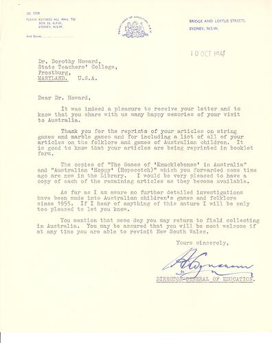 Letter - H. S. Wyndham, to Dorothy Howard, Receipt of Letter and Publications, 10 Oct 1961