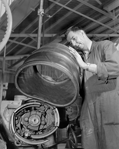 BF Goodrich Australia, Worker Making a Tyre, Somerton, Victoria, 04 Feb 1960