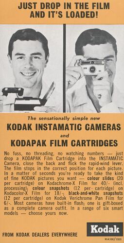 Printed text and photographs of man loading camera.