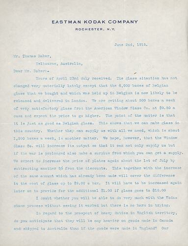 Letter - George Eastman to Thomas Baker, 02 Jun 1915