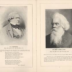 Open booklet, white pages with black printed text. W.C. Wentworth on left, Sir Henry Parkes on right.