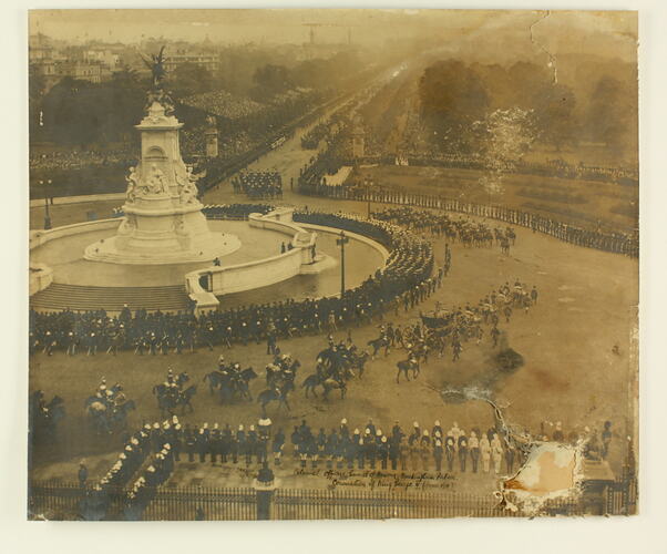 Front of photo showing fountain and parade.