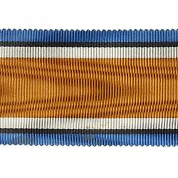 Ribbon with orange, blue and white stripes.