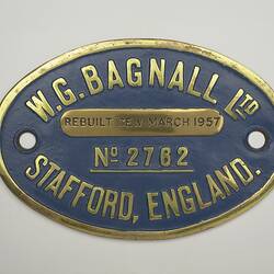 Locomotive Builders Plate - W & G Bagnall Ltd, Stafford, England, 1957