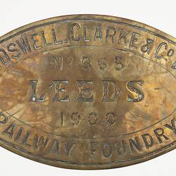 Locomotive Builders Plate - Hudswell, Clarke & Co., Leeds, England, 1900