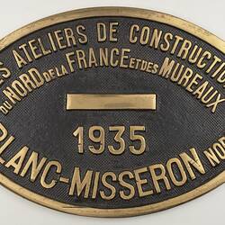Locomotive Builders Plate - Blanc-Misseron, France, 1935