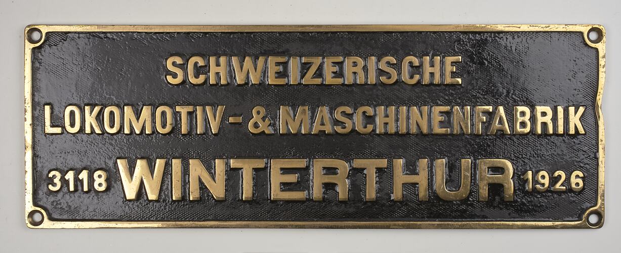 Locomotive Builders Plate - Schweizerische Loco & Maschinefabrik, 1926