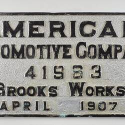 Locomotive Builders Plate - American Locomotive Co., Brooks Works, Dunkirk, 1907