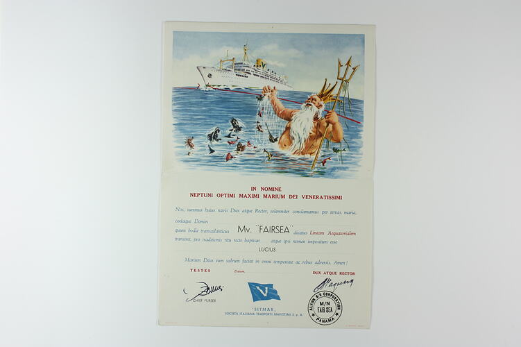 Certificate - Crossing the Equator, MV Fairsea, Sitmar Line, 1957