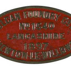 Locomotive Builders Plate - Vulcan Foundry, Newton-Le-Willows, Lancashire,1897