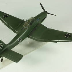 Model aeroplane. Dark green with black cross on side, wing tips and tail. Black propeller. Back view.