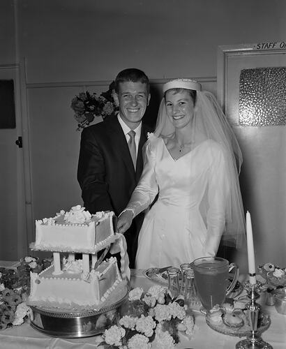 Bride and Groom with Wedding Cake, Box Hill, Victoria, Dec 1958