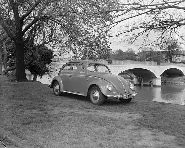 Volkswagen 'Beetle' Motor Car Near Yarra River, Melbourne, Victoria, 1958