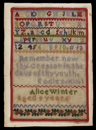 Sampler - Alice Winter, 'Remember Thy Creator in the Days of Thy Youth',  Melbourne, circa 1866