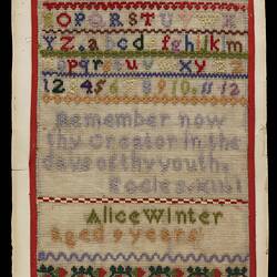 Sampler - Alice Winter, 'Remember Thy Creator in the Days of Thy Youth',  Melbourne, circa 1866