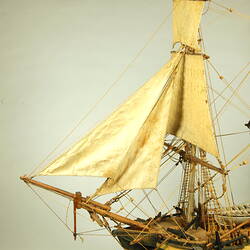 Wooden ship with three masts, detail of front mast.