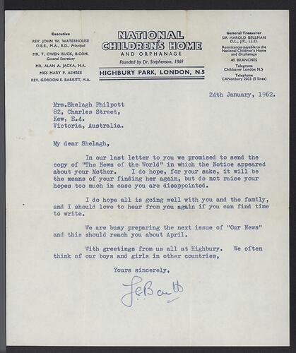 Letter - National Children's Home To Shelagh Philpott, London, England, 24 Jan 1962
