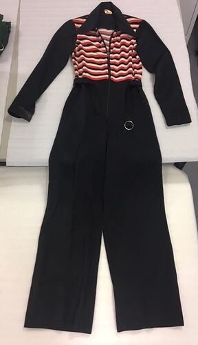 Jumpsuit - Full-Length, Black With Red, White & Black Stripes, Sylvia Motherwell, circa 1970s